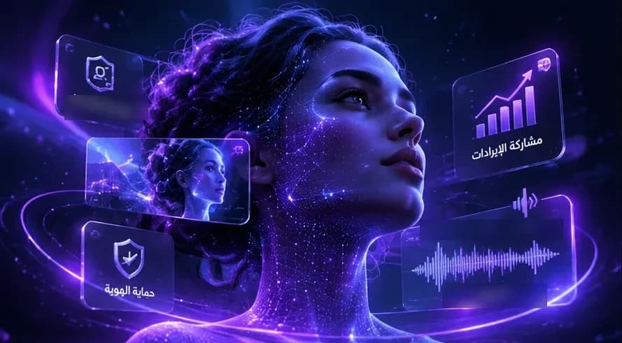 تمثيل رقمي لشخصية على خلفية بنفسجية سينمائية مع بطاقات ترخيص وإيرادات وحماية